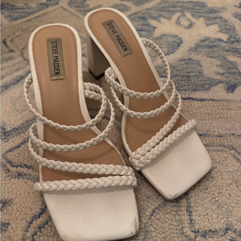 Steve Madden White Braided Multi-Strap Block Heel Sandals